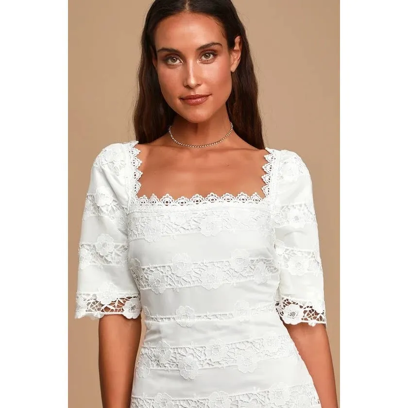 Lulus Story of Love White Lace Square Neck Bodycon Bridal Dress - Image 4