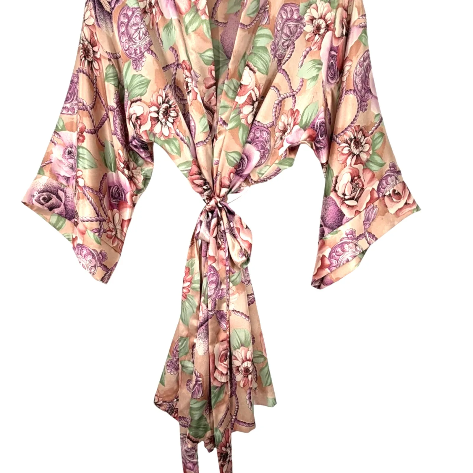 Vintage 90's Satin Floral Short Robe Kimono Lace Cottage Core Feminine Boho S Pink - Image 2