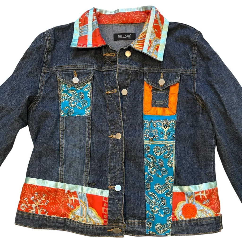 Pineda Covalin Denim Embellished Jacket Patchwork Ribbon Trim, Sz L Blue Size L - Image 10
