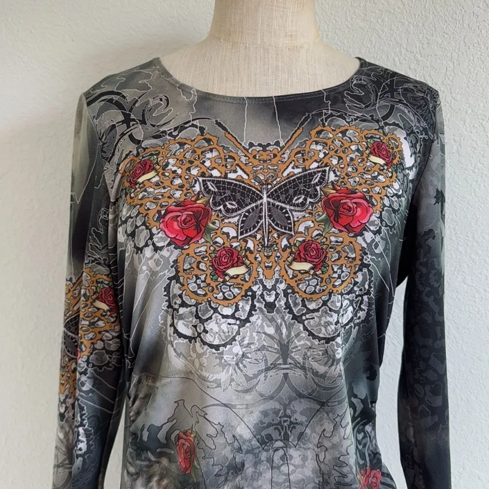 IQ Paris y2k butterfly graphic side rouched blouse Gray Size L - Image 7