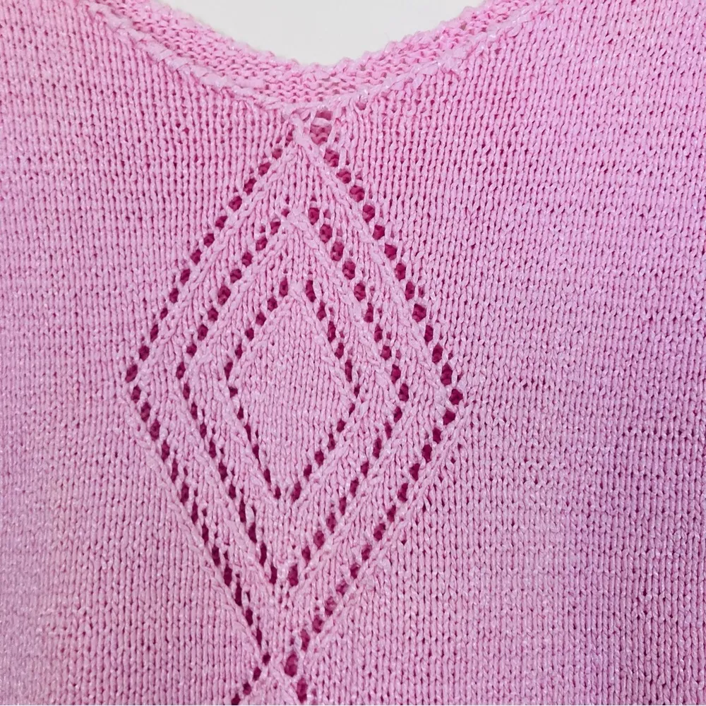 Vintage petal pink short sleeve sweater top with diamond open weave in front. M Size M - Image 2