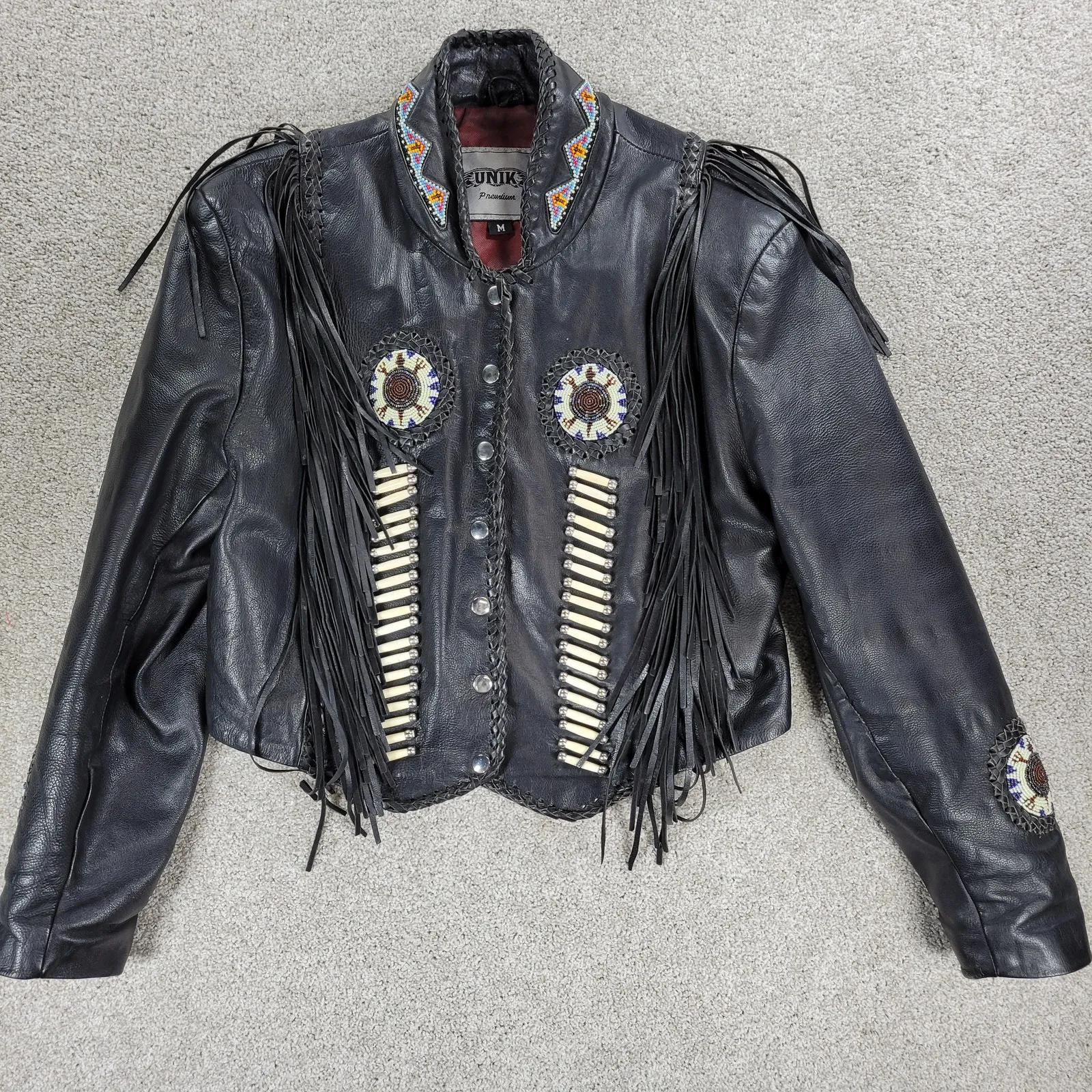 VTG Unik Leather Motorcycle Jacket Womens M Black Fringe Beaded Cropped Snaps Size M - Image 16