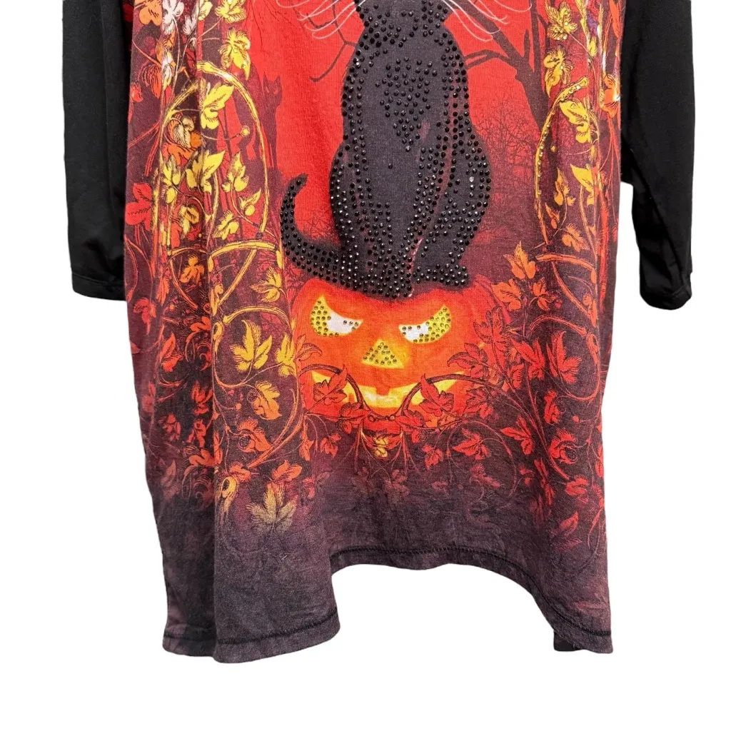 Onque Casual Black Cat Witch Hat Halloween Top Size 1X - Image 3