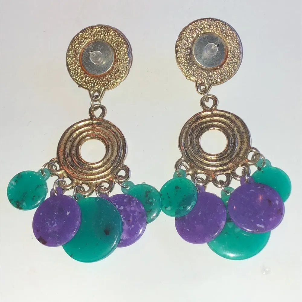 Vintage Brass Tone & Turquoise Color Purple Dangling Boho Pierced Earrings - Image 5