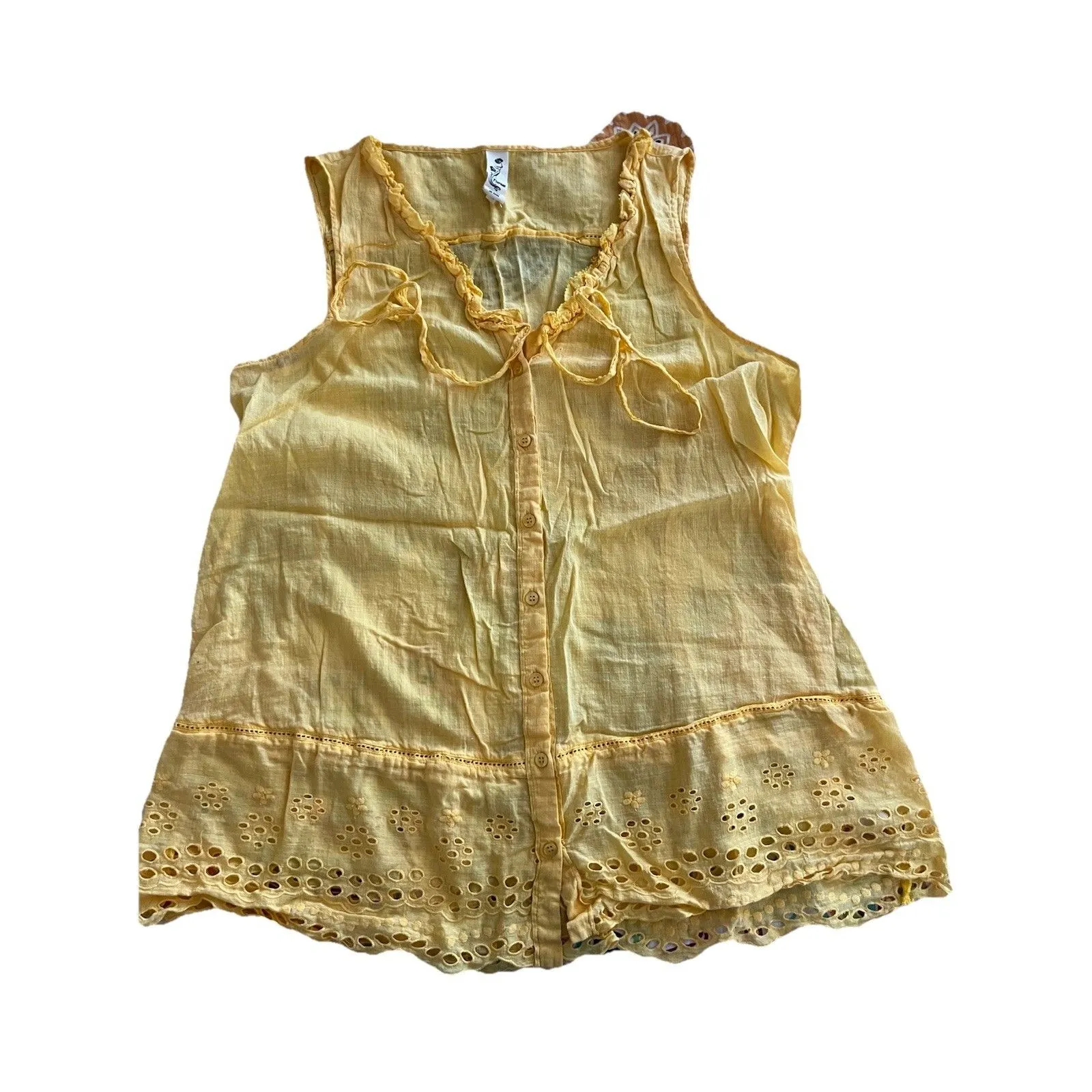 floreat anthropologie Yellow Cotton Blouse Size 12 Sleeveless Eyelet Whimsical - Image 2