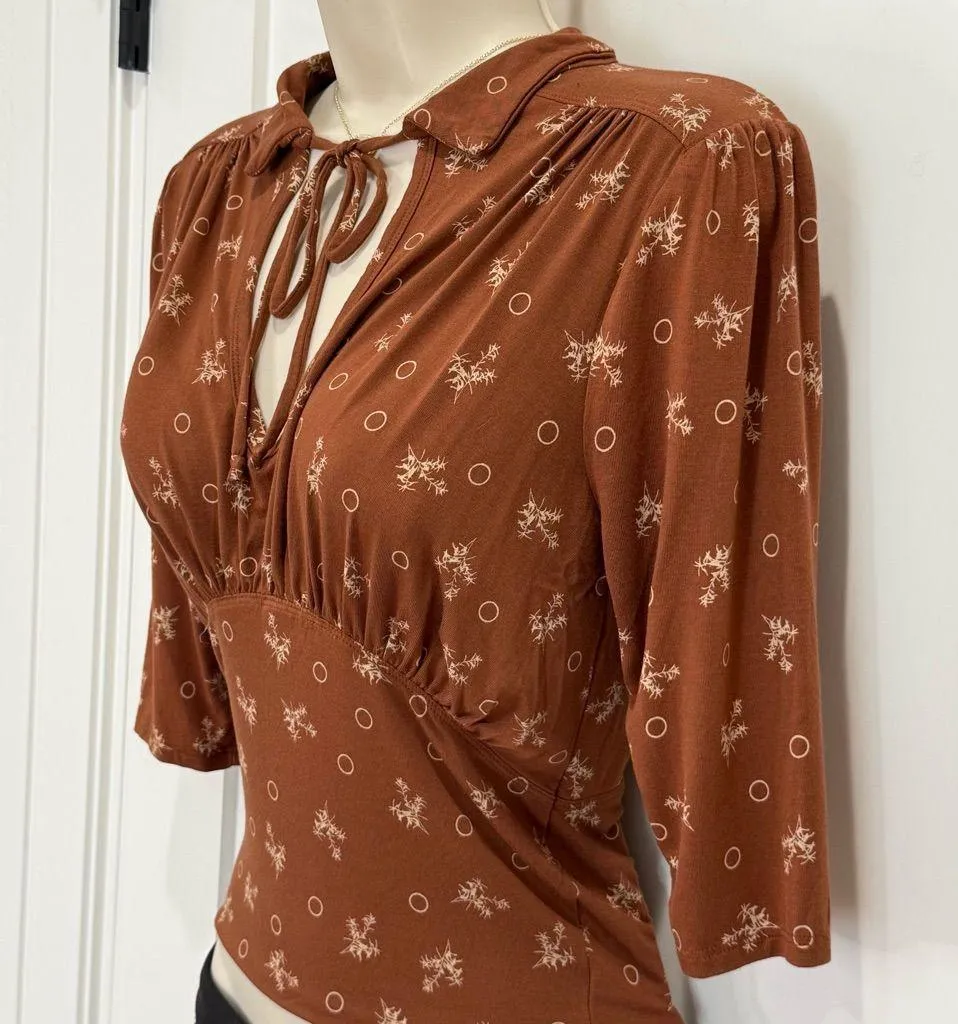 Free People Soraya Floral Printed Keyhole Top Brown Cream Size XS 3/4 Sleeve - Image 6