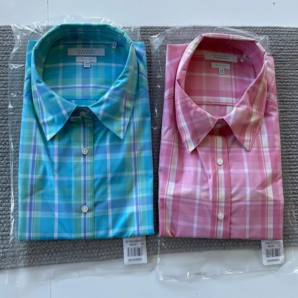 Foxcroft For Appleseeds Wrinkle Free Shaped Poplin Shirt Caribbean Blue Plaid Size 20W - Image 3