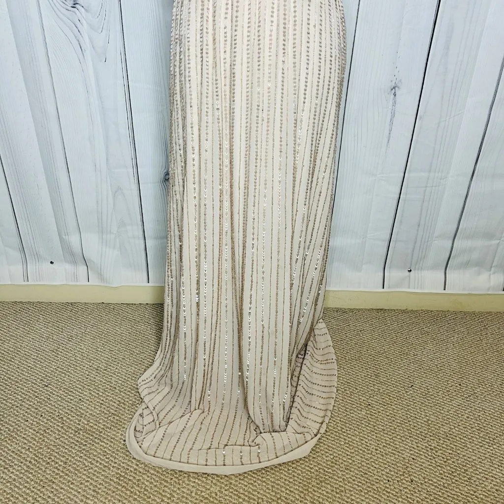 Show Me Your MuMu Sz L Michelle Flutter Dress Gown Show Me the Ring Beaded Beige - Image 4