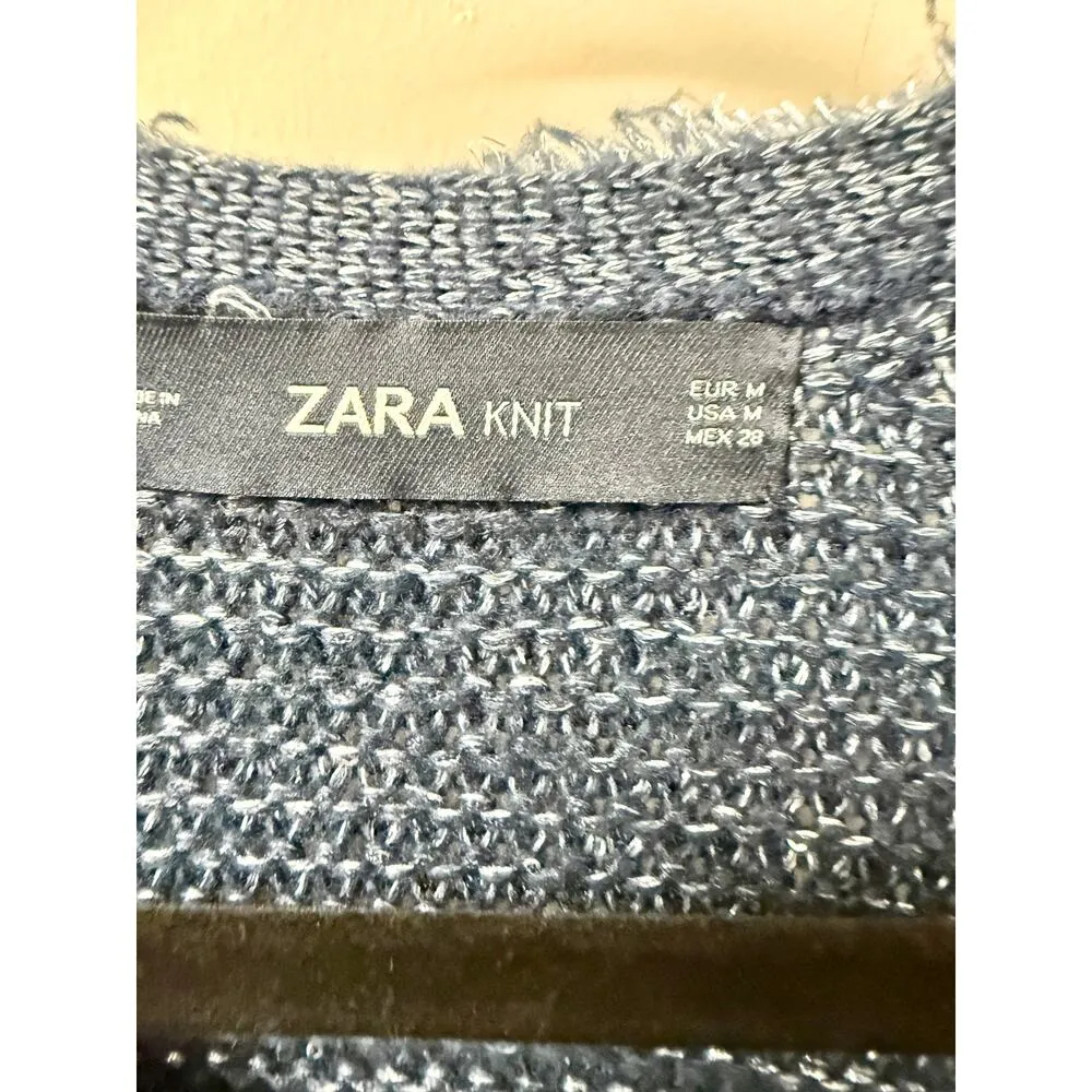 Zara Knit Shiny Long Sleeve Open Front Tie Waist Coatigan Navy Blue Women's M - Image 3