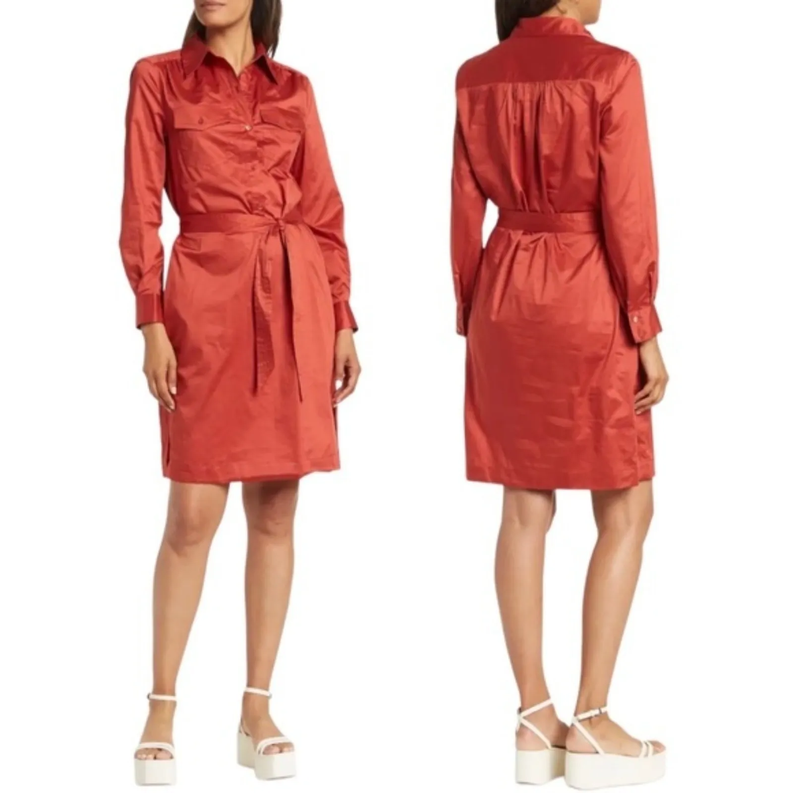 NWT Trina Turk Cotton Long Sleeve Shirt Dress Lobster Red Women's Size Small NEW - Image 14