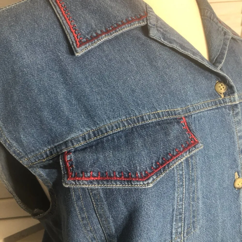 Vintage 90s Y2K jeans vest embroidered blue denim cotton floral cottagecore 2X - Image 6