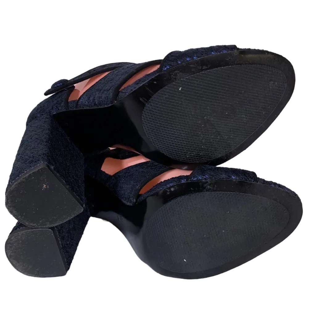 ZARA BASIC BACK AND BLUE JACQUARD FABRIC COVERED BLOCK HEEL SHOES (40/9) - Image 11