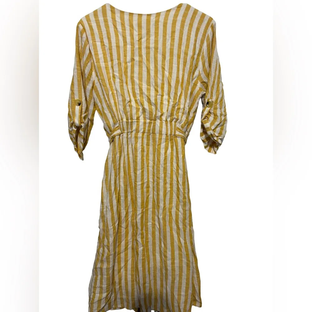 Luxology Faux Wrap yellow and white striped dress size small - Image 4