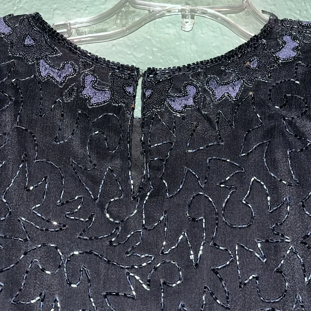 Vintage 100% SILK Black Sequin Long Sleeve Mini Dress Laurence Kazar New York - Image 6