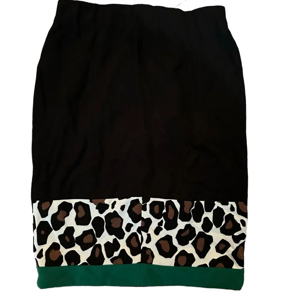 MARCCAIN Marc Cain Black and Leopard Print Pencil Skirt‎ Size 1 Green Trim - Image 2