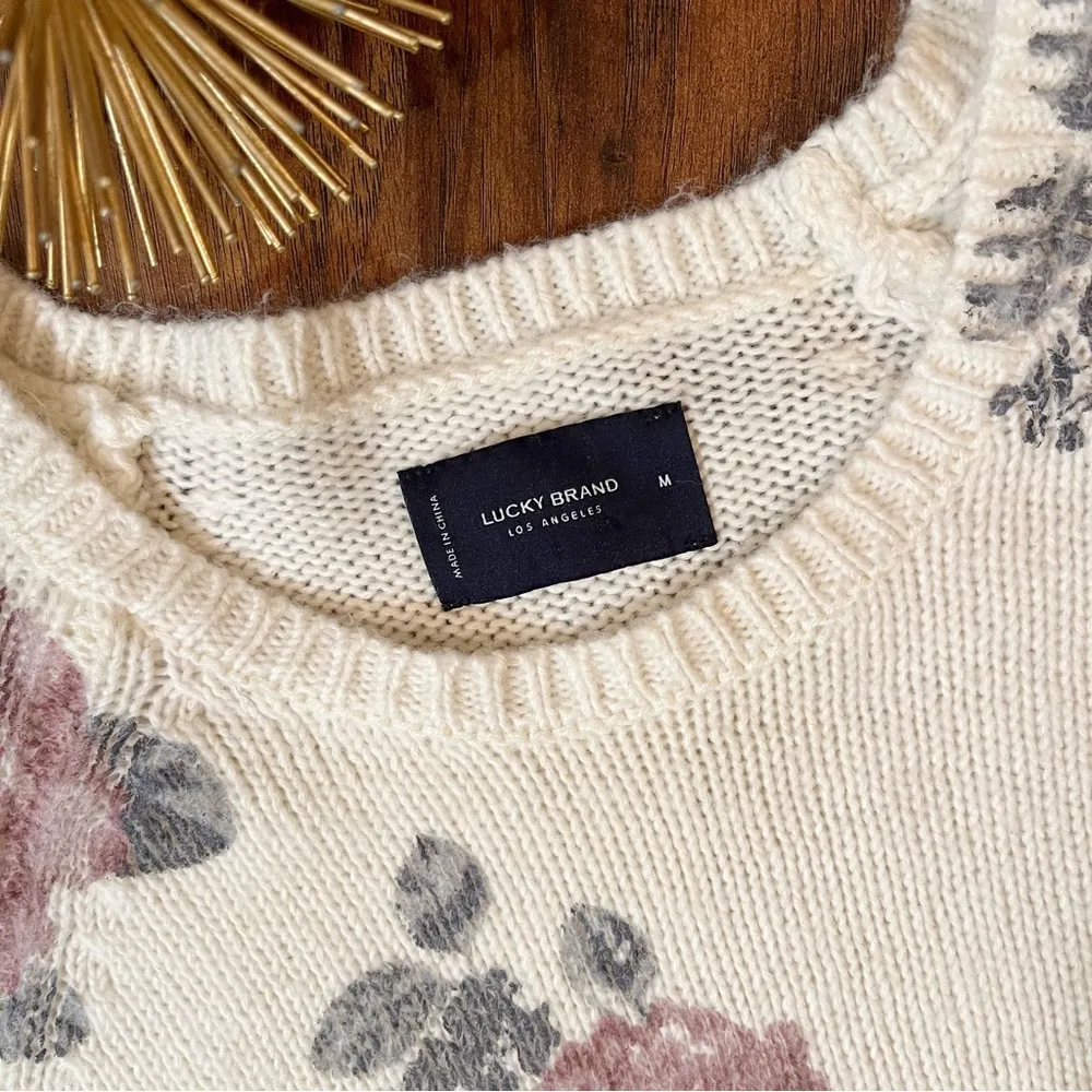 Lucky Brand Cotton/Wool Blend Floral Knit Bell Sleeve Ivory Sweater Size Medium - Image 6