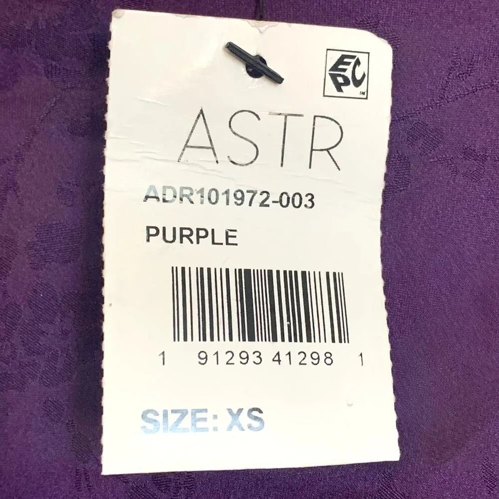 NWT ASTR Satin Puff Shoulder Mini Dress in Purple Bamboo Floral Print - Image 11