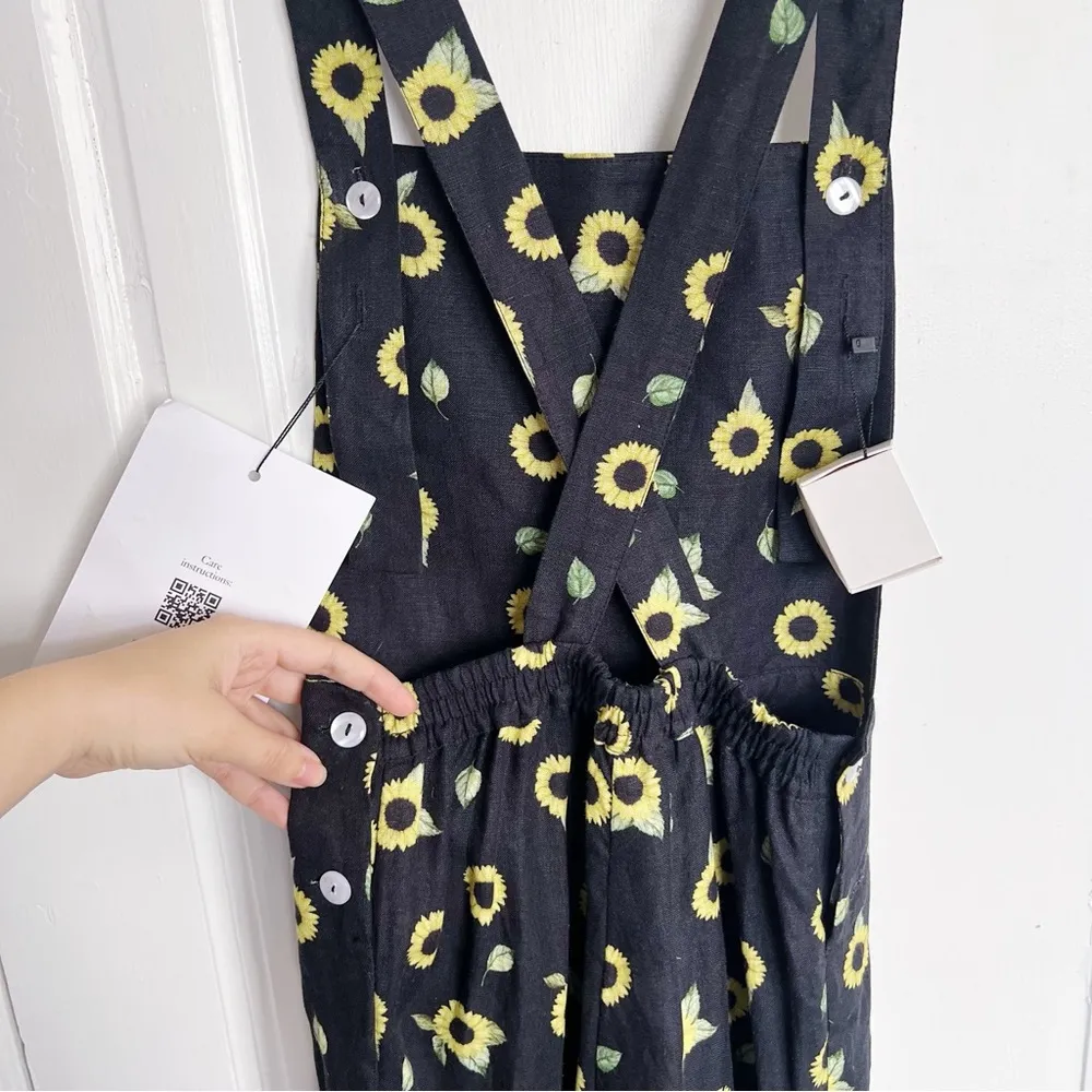 SLEEPER • Baccara Linen Jumpsuit overall black yellow sunflower print flare leg - Image 13