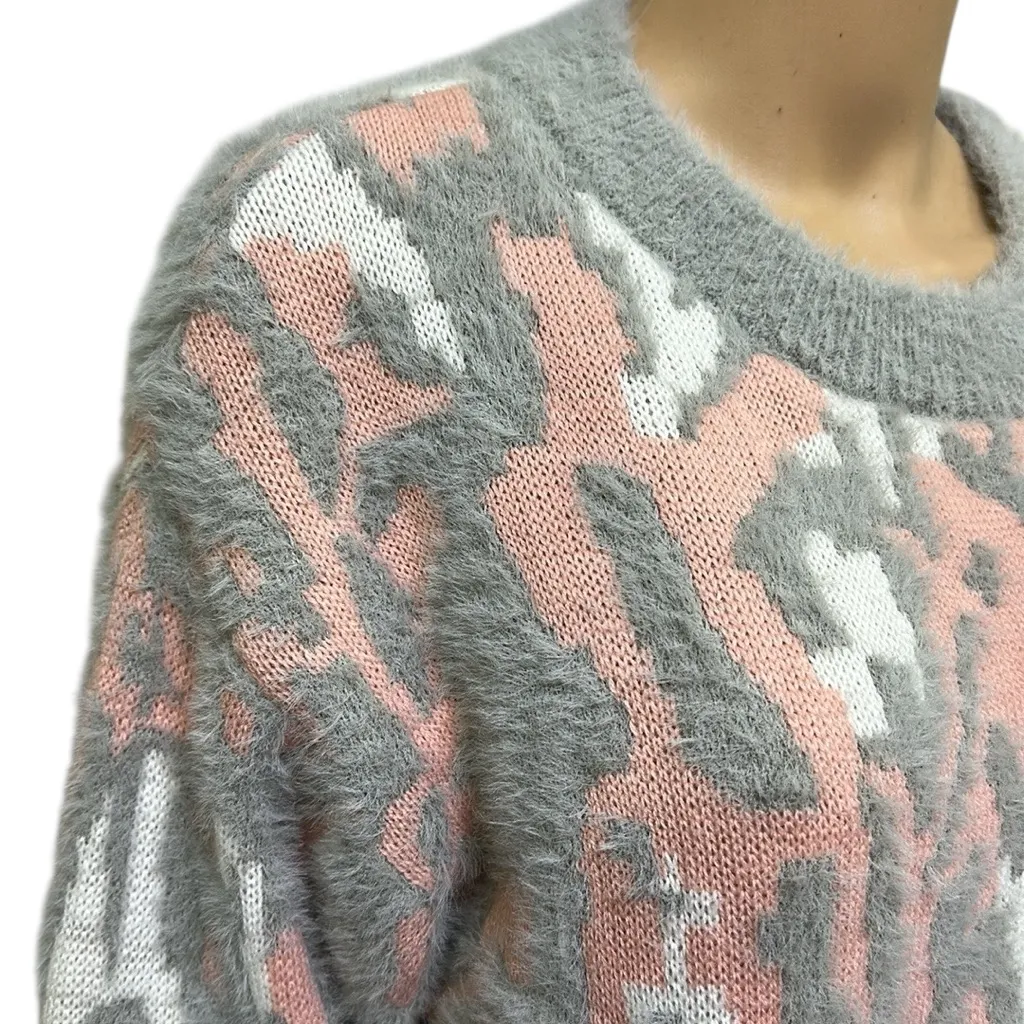 Like Love Multi Textured Knit Gray Pink White Crew Neck Sweater Womens Small - Image 5