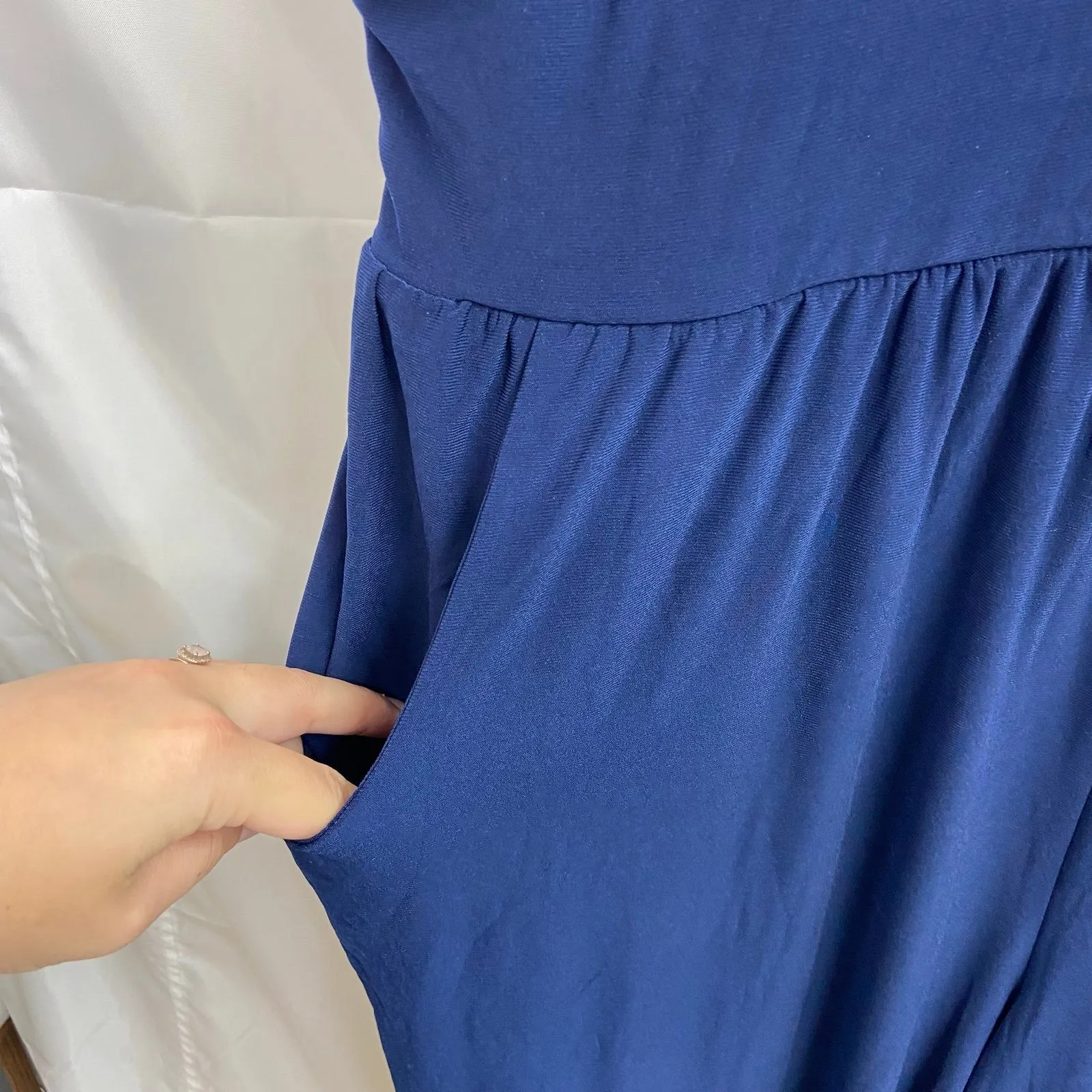 NEW Nina‎ Leonard women's navy blue stretch pocket jogger jumpsuit loose casual - Image 5