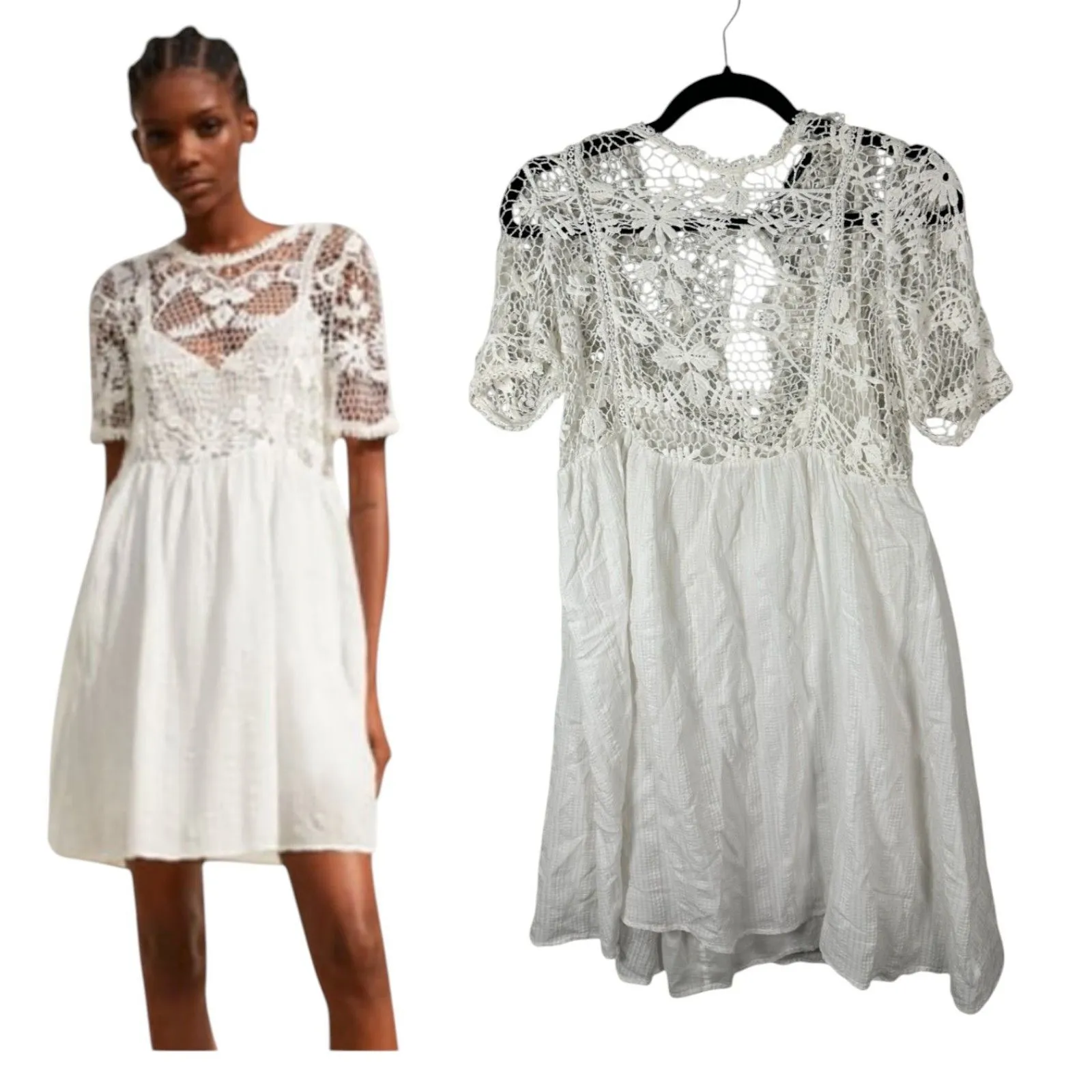 Zara White Crochet Lace Gauzy Babydoll Mini Dress Size XS NEW with Tags - Image 2