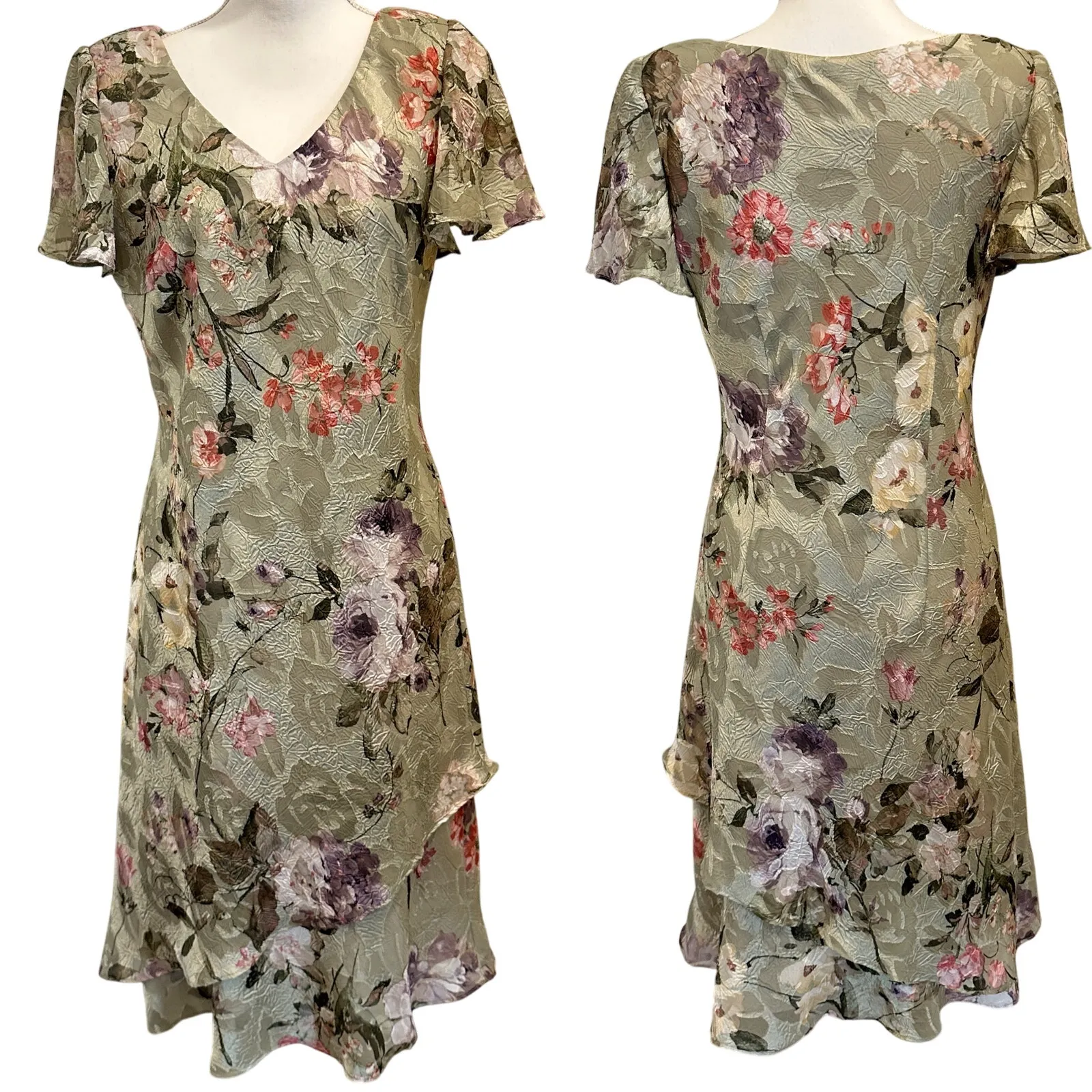 VTG Y2K K Studio Sage Green Floral Layered Ruffle Midi Dress Fairy Coquette Sz M Size M - Image 2