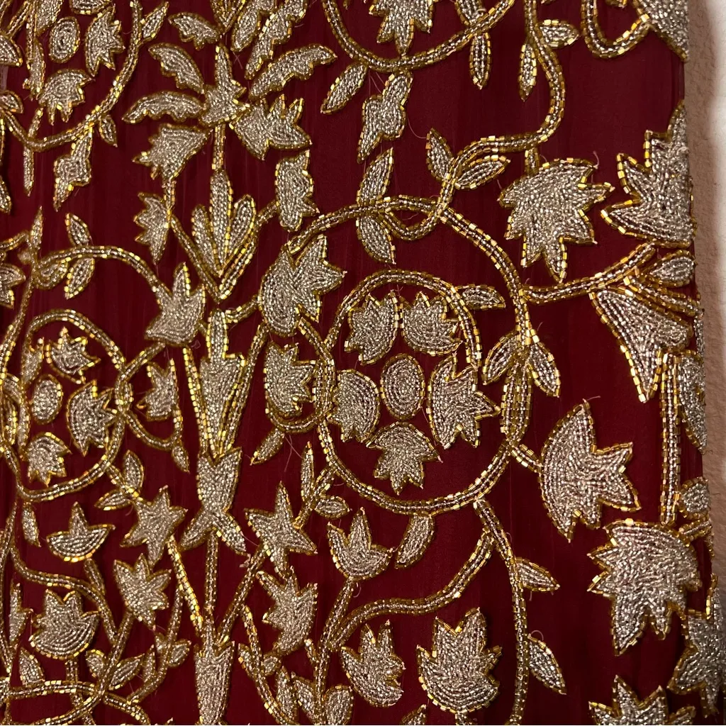 Vintage Beaded Silk Dress Red Gold Short Sleeve Knee Length Size Large - Image 4