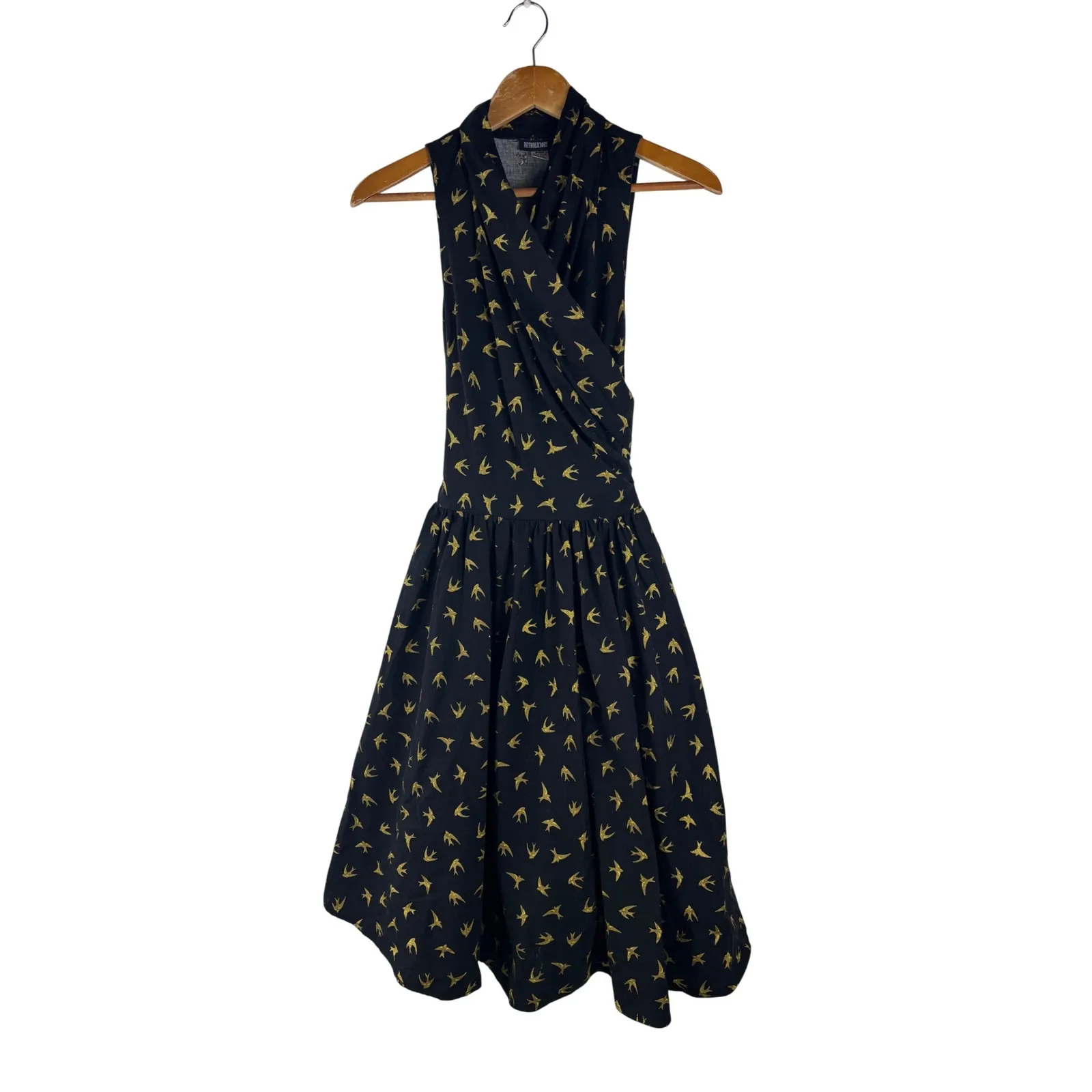 Retrolicious L Fit & Flare Dress Bird Print Pin Up‎ Sleeveless Black Gold USA Size L - Image 2