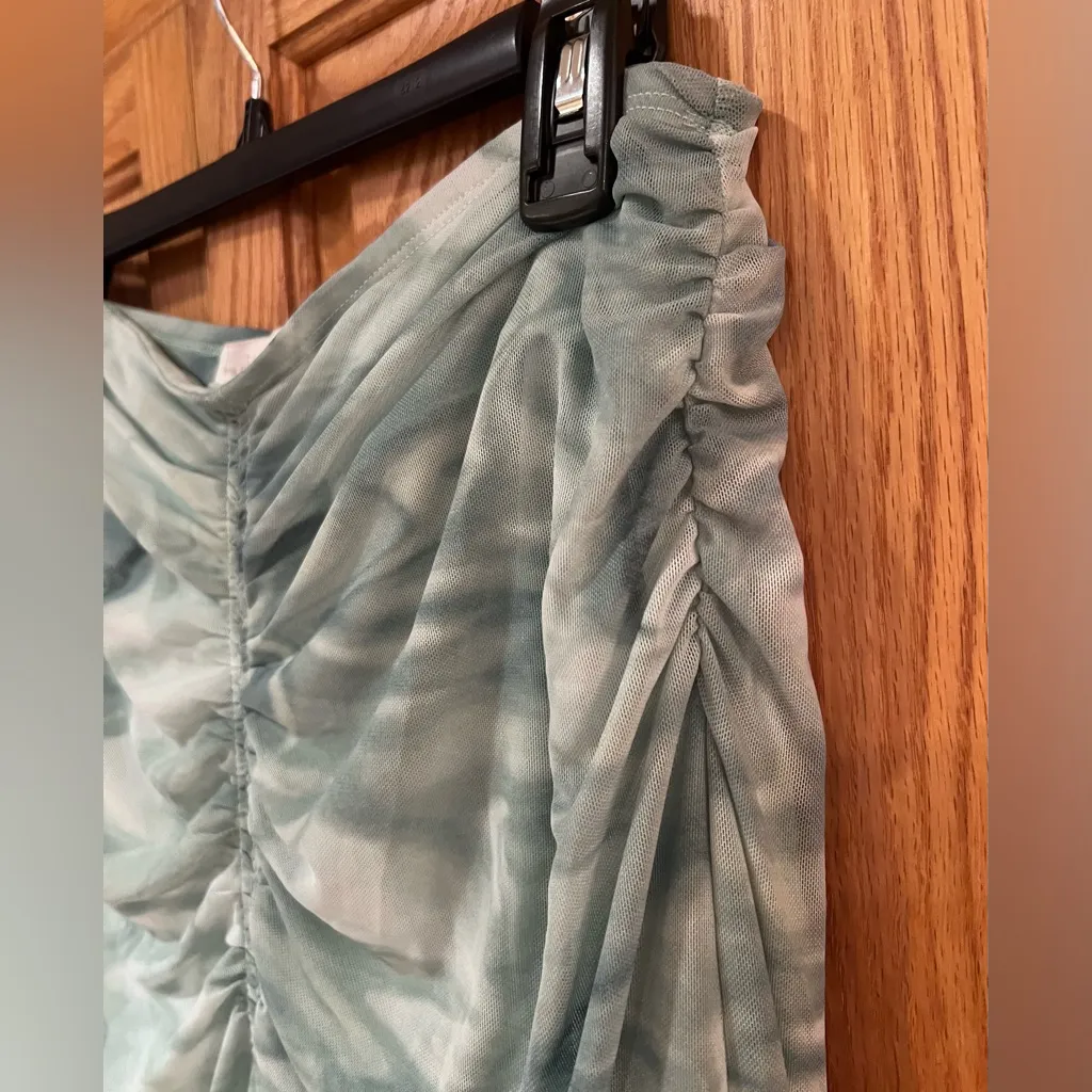 House of Harlow‎ 1960 Green Marbled Tie Dye Mesh Ruched Midi Skirt Size Medium - Image 3