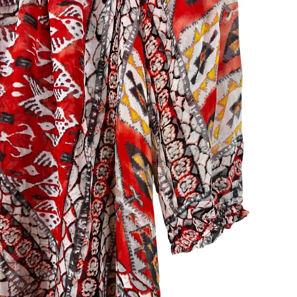 Aqua Blues Tunic Top Womens 1X Red Sheer Chiffon Tiered Y2K Boho Southwestern - Image 3