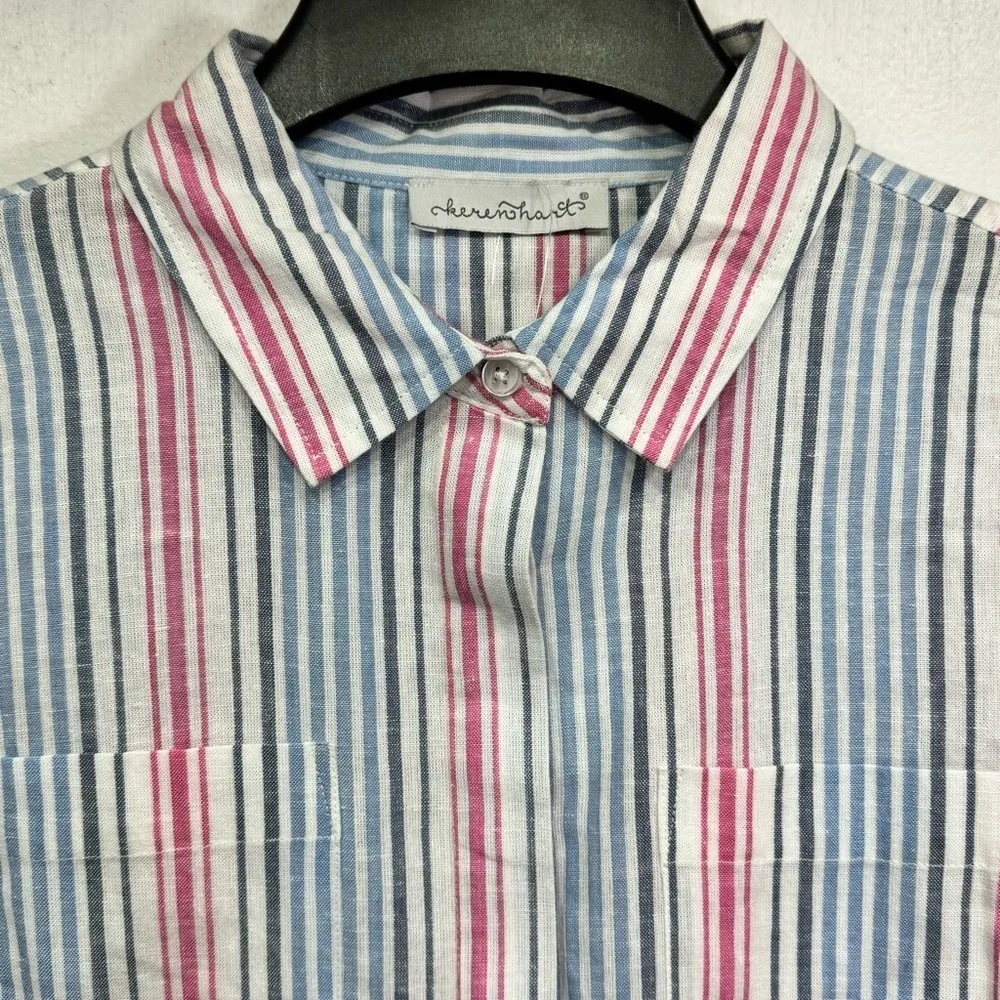 Keren Hart Lightweight Pink & Blue Striped Button Front Oxford Shirt Size XL - Image 8