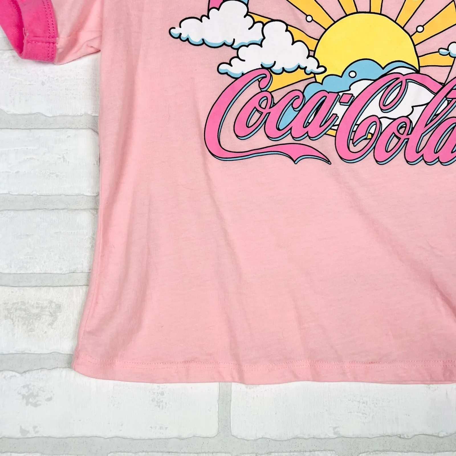 Coca-Cola‎ T-Shirt Pink Rainbow Graphic Ringer Tee Top Womens Size Medium - Image 3