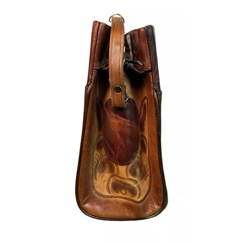 Vtg 70s Purse Leather Hand Tooled Brown Mexican Handbag Roses Floral Embossed - Image 8