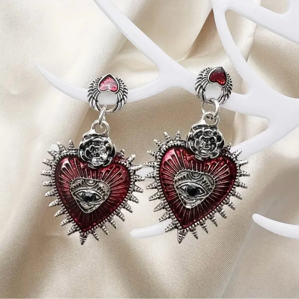Gothic Punk Love Blood Silver/Red‎ Color Eye Rose Dangle Alloy Drop Earrings Silver - Image 6