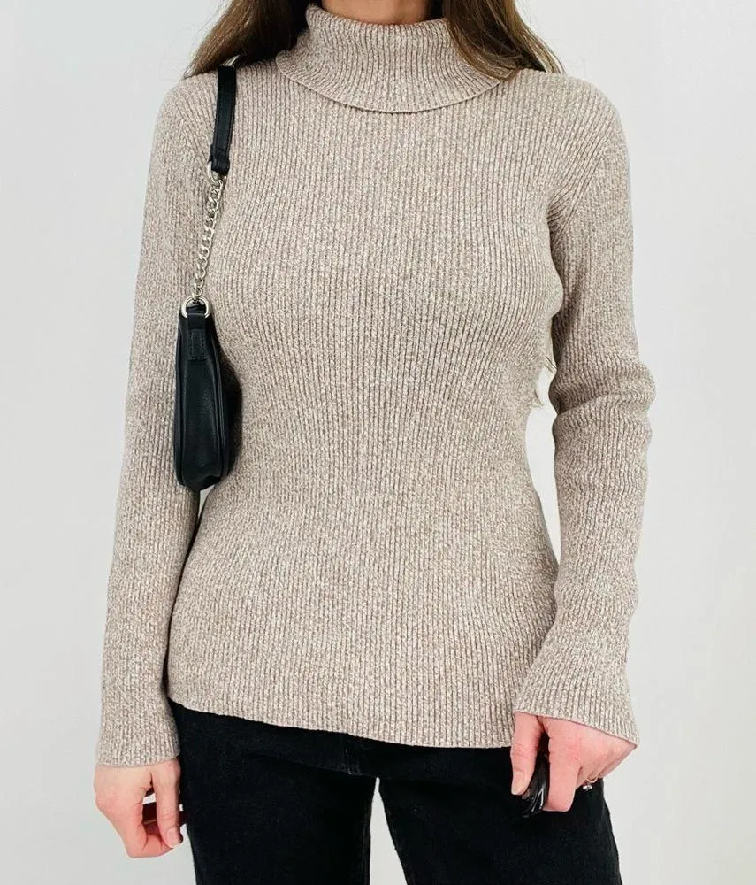 vtg y2k heathered oatmeal fitted turtleneck sweater top size xl - Image 5