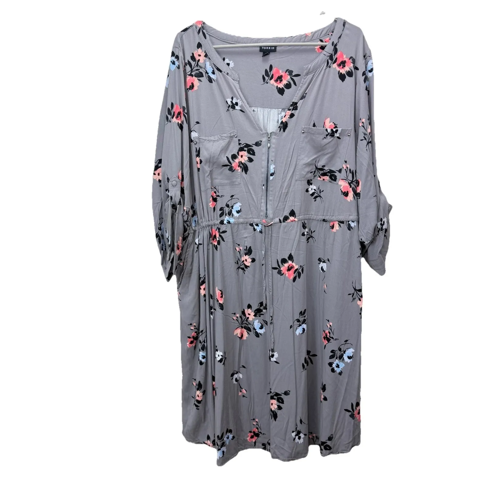 Torrid‎ Gray Floral Challis Zip-Front 3/4 Tab Sleeve Shirt Dress Size 4X - Image 4