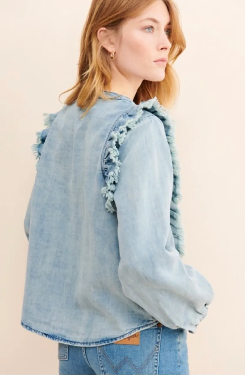 - Captain Ruffle Chambray Button Down Shirt Western Boho Festival - Image 2