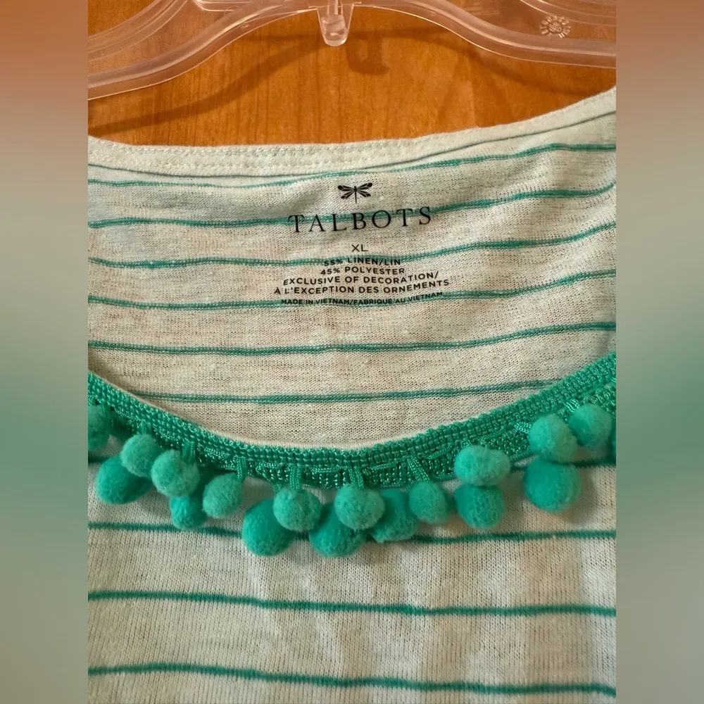 Talbots Top Seafoam Green Striped Pom Pom Trim Linen Blend Tee T-Shirt NWT XL - Image 4