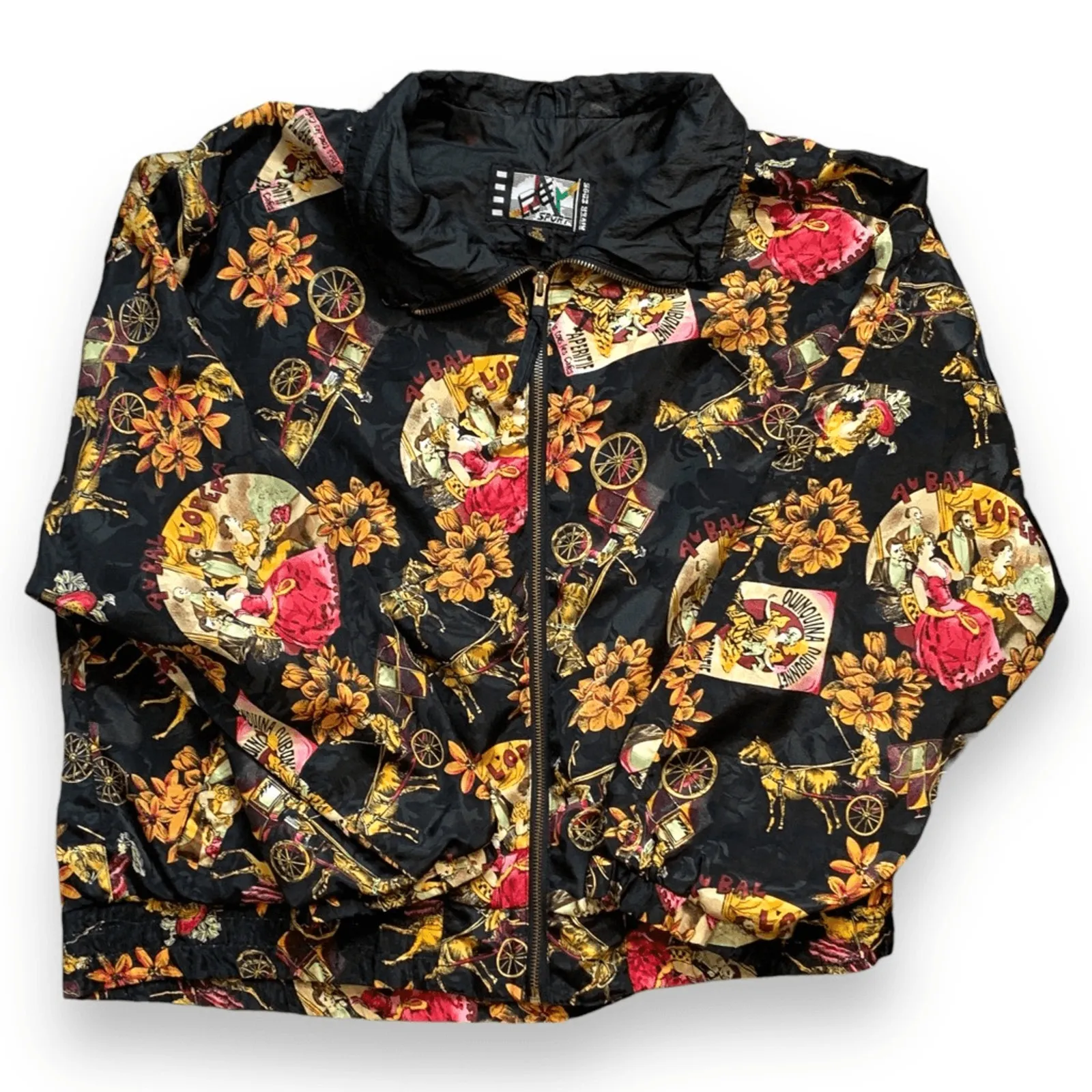 Vintage 90s Abstract Print Quilted Windbreaker Jacket Zip Front Large Equestrian Black - Image 4