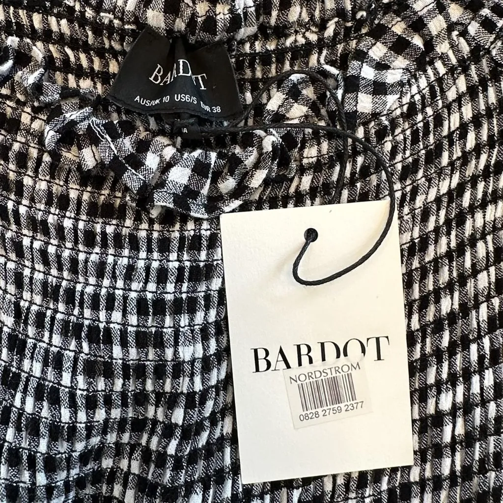 NWT Bardot Black & White Gingham Smocked Midi Dress Off Shoulder Size 6/Small - Image 8