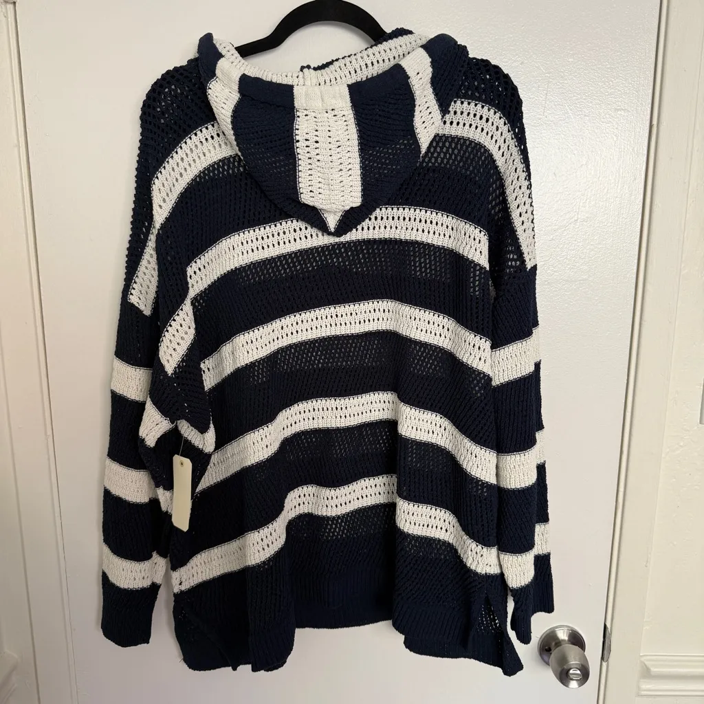 Nicole Miller Striped Navy and White Knit Hoodie Women’s XL NWT - Image 7