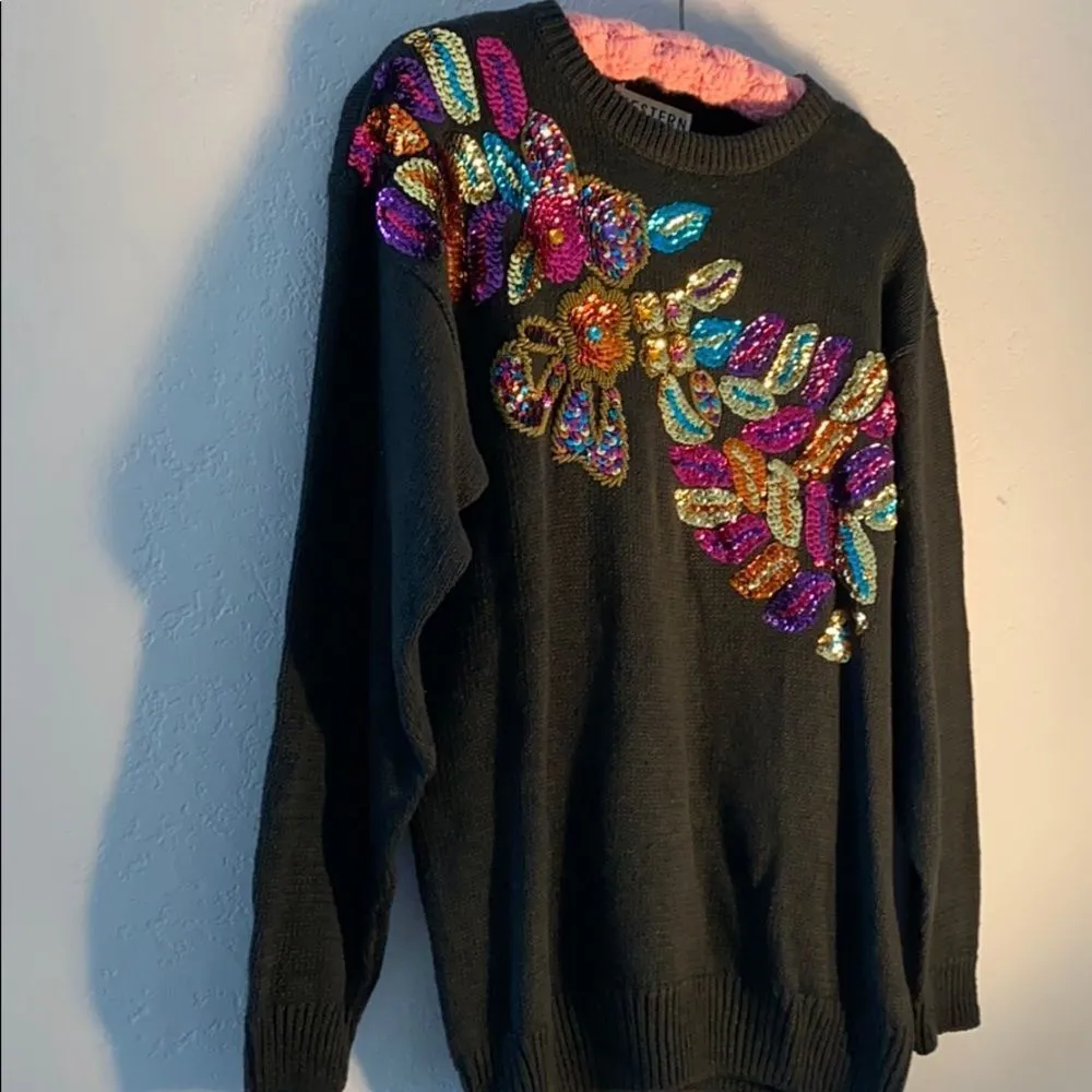 Vintage Western Connection Sweater Sequins‎ Black Size M - Image 3