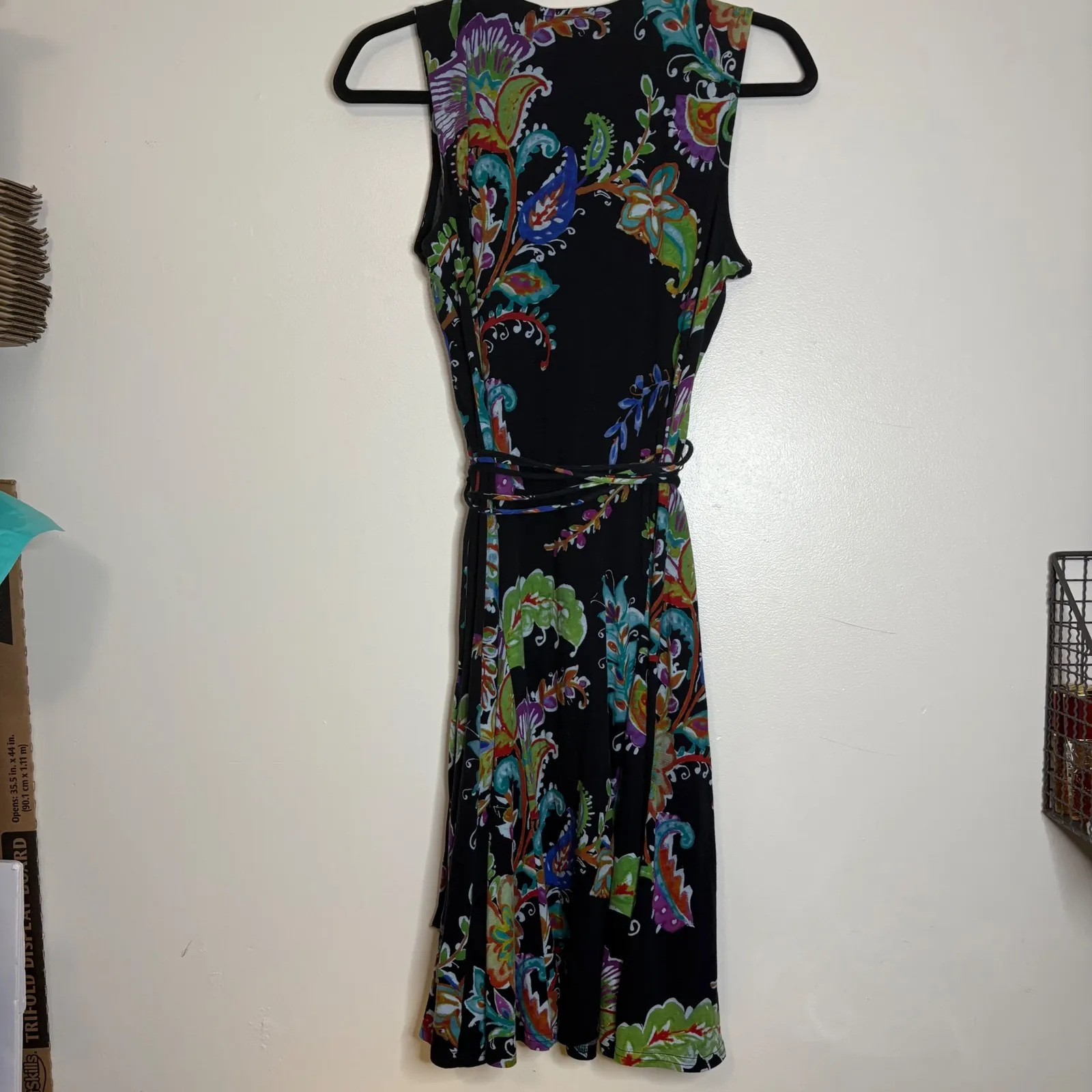 Lauren Ralph Lauren Black Paisley Ruffle V Neck‎ Sleeveless Maxi Dress Belted L - Image 8