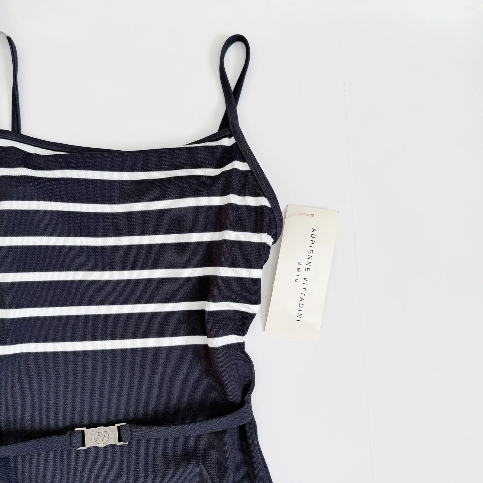 [Adrienne Vittadini] Navy Charcoal Striped Vintage Y2K Belted Swimsuit NWT Sz 6 - Image 6