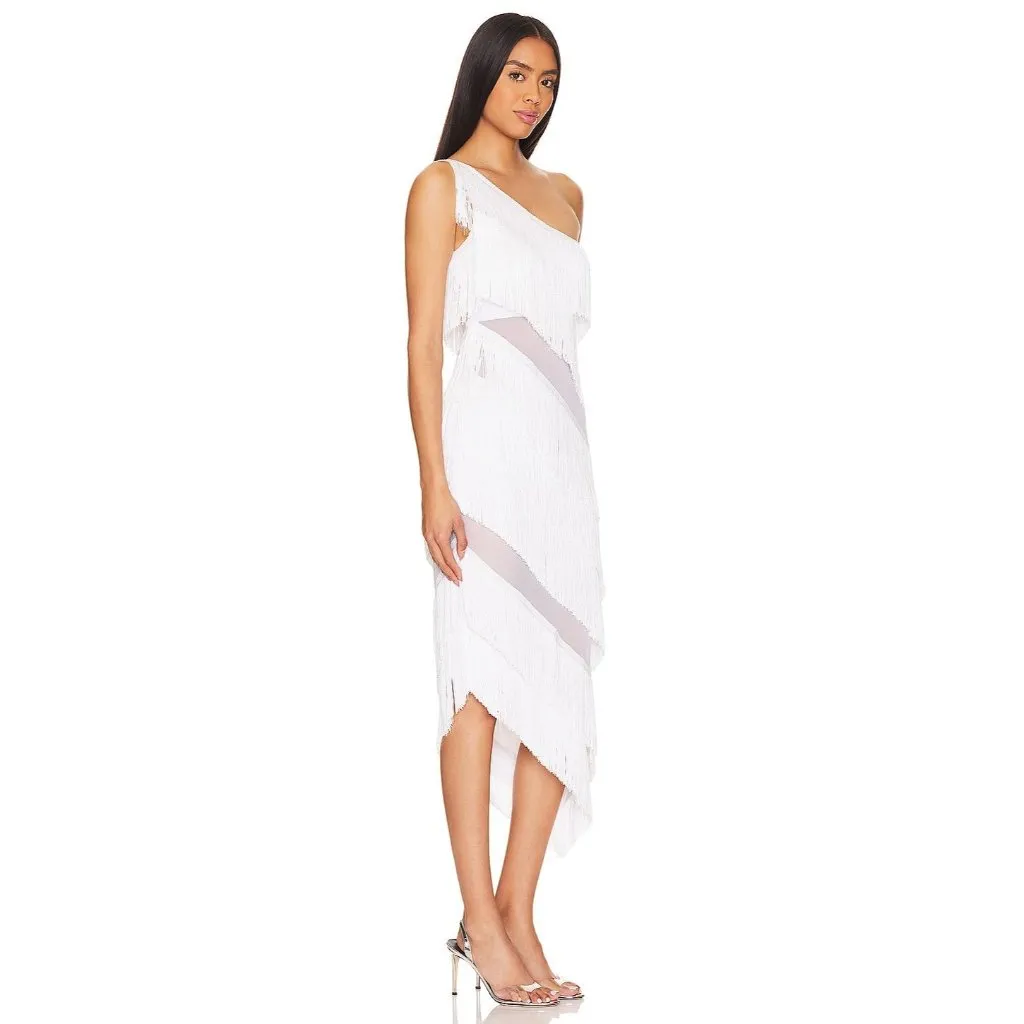 Norma Kamali Spliced One Shoulder Mid Calf Dress All Over Fringe Snow White Wome - Image 5