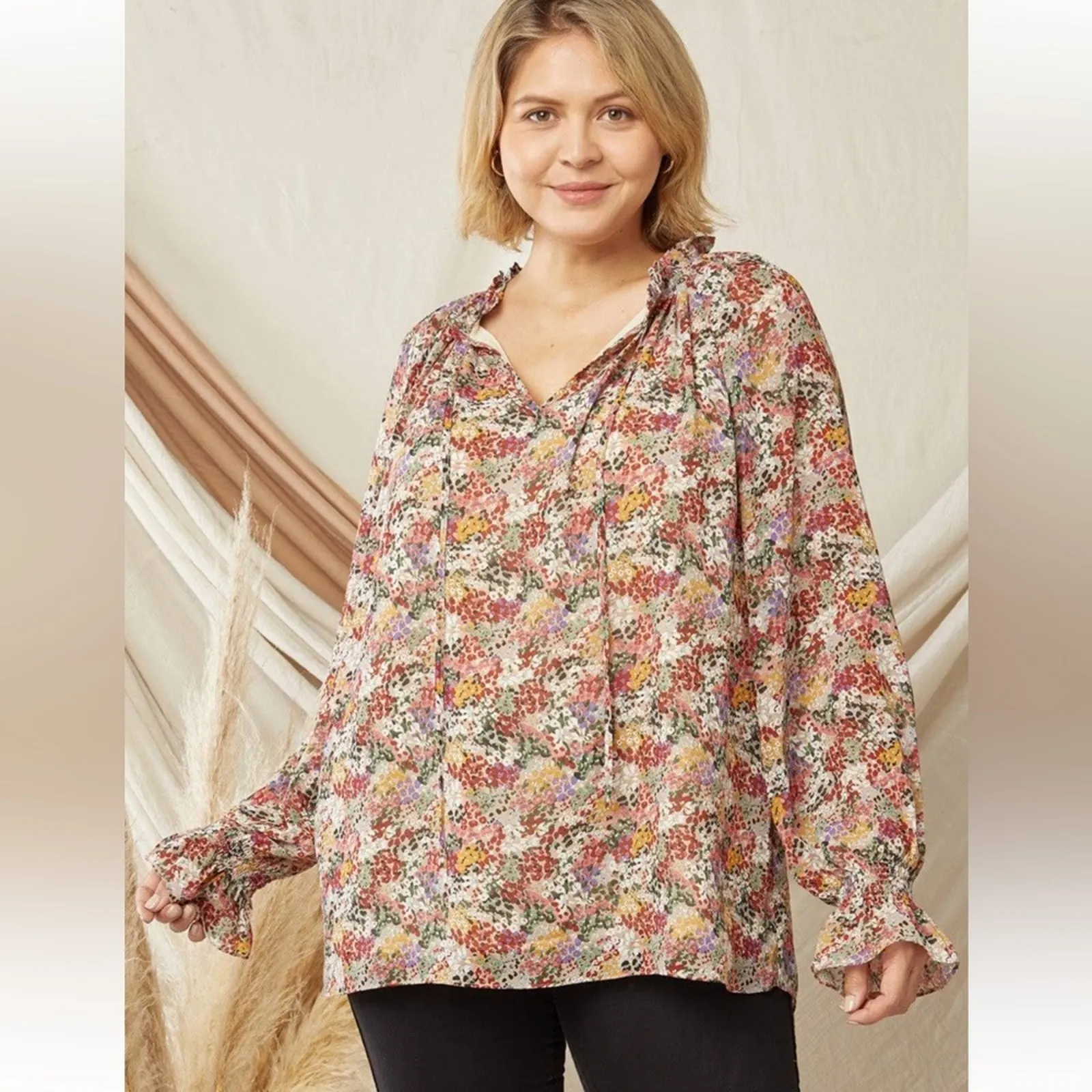 Entro Long Sleeve Top Blouse Fall Garden Ditsy Floral Feminine Tie Ruffle Collar - Image 7