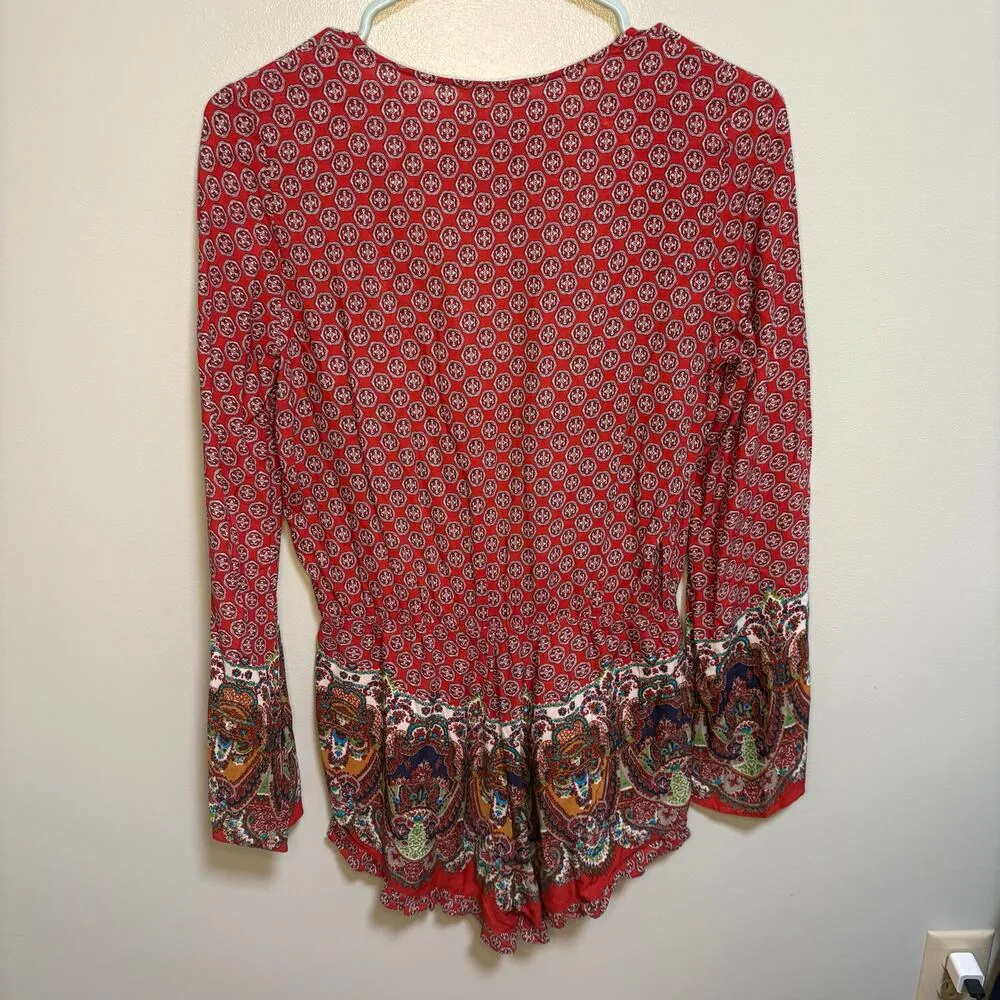 Cotton Candy Red Boho Plunge Tie Front Romper Long Sleeve Small Flowy Shorts - Image 11