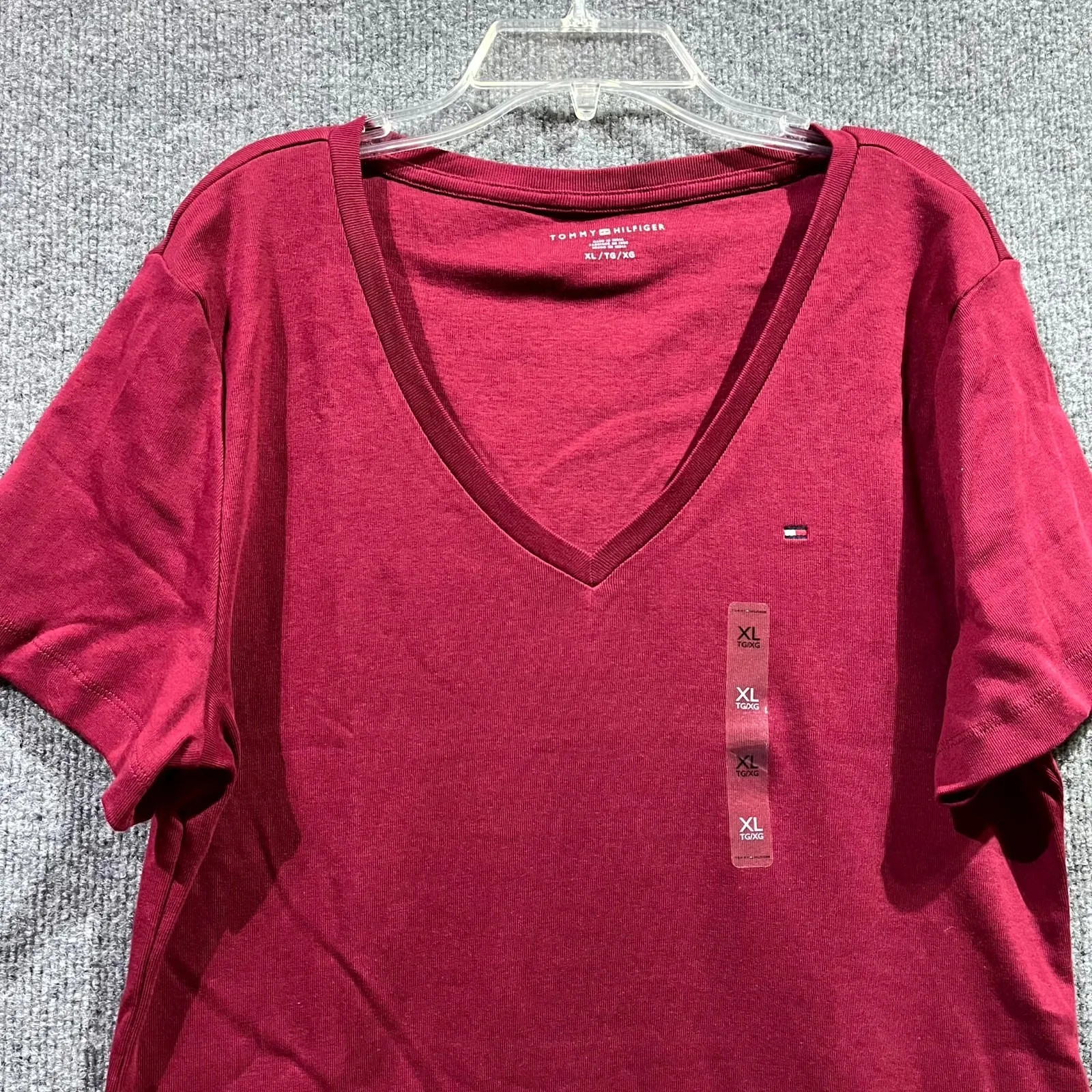 Tommy Hilfiger T-Shirt Womens XL Red Cotton V Neck Embroidered Logo Slim Fit - Image 2