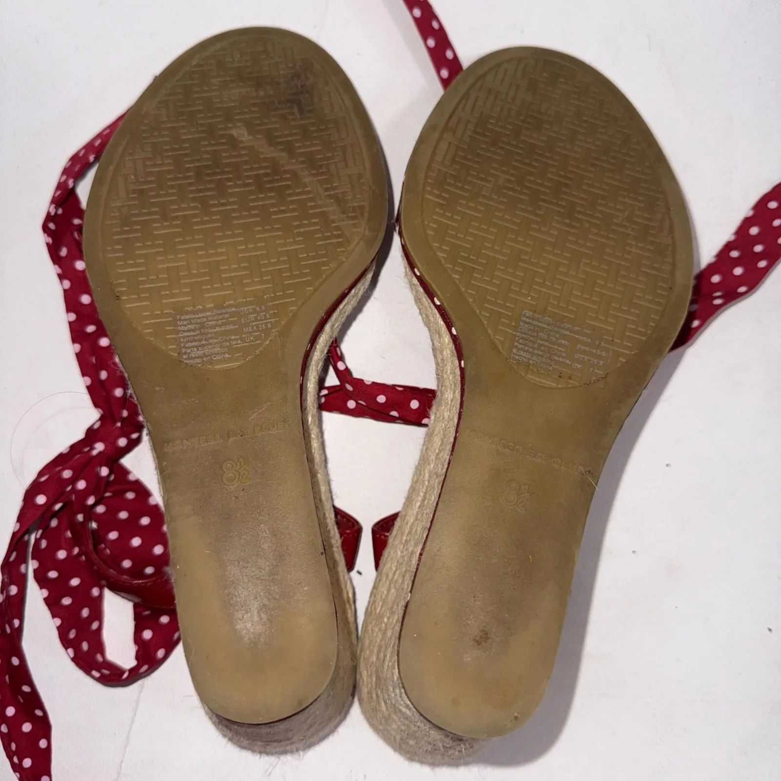 VTG Y2K Montego Bay Club Red Polka Dot Espadrille Ankle Tie Wedge Sandals 40 - Image 11