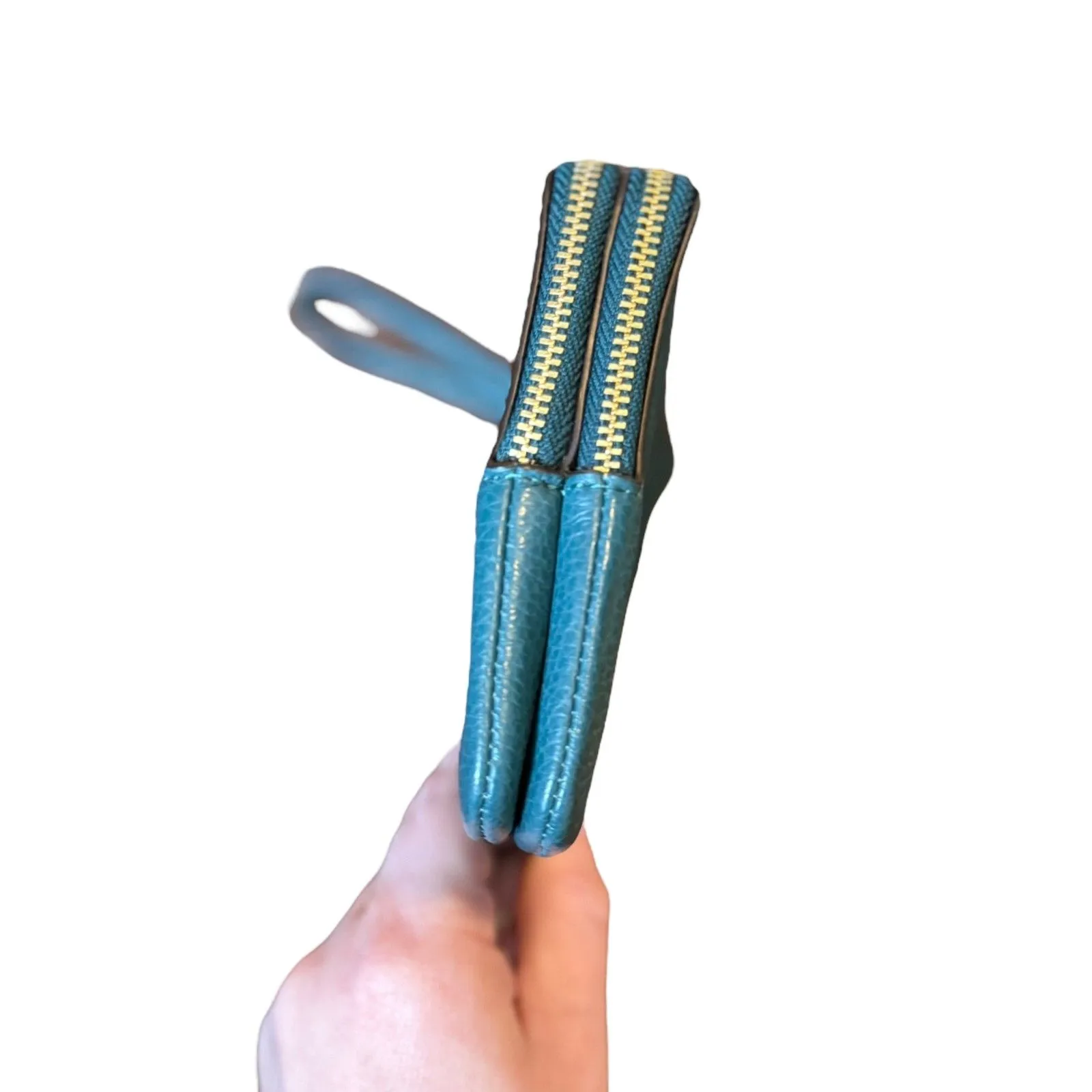 Coach Dempsey Teal Pebble Leather Double Zip Wristlet with Gold Hardware - Image 8